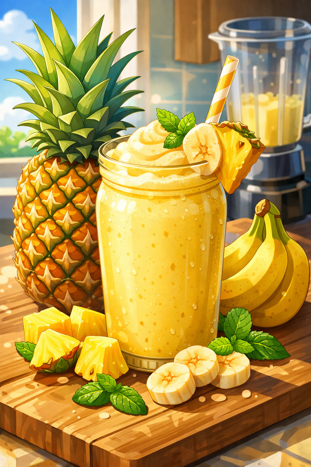 Yellow smoothie in glass jar with pineapple slice, banana slice, and mint leaves on wooden board