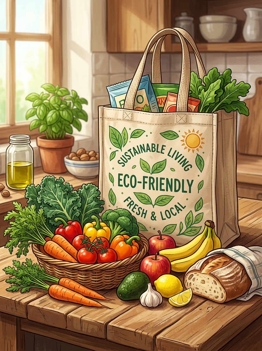 Reusable grocery bag with fresh vegetables, fruits, bread, and eco-friendly products