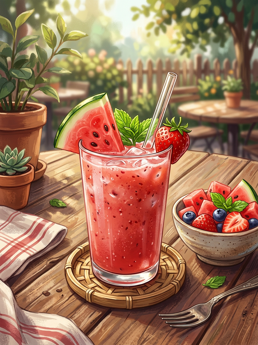Glass of watermelon and strawberry drink with ice and fruit garnish on wooden table
