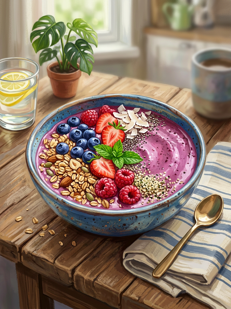 Smoothie bowl with blueberries, strawberries, raspberries, granola, coconut flakes, chia seeds, and mint