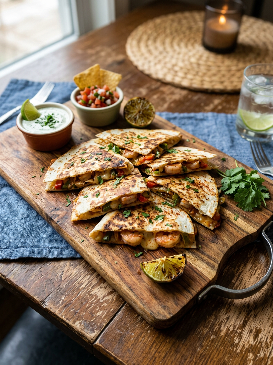 Grilled shrimp quesadillas on a wooden board with salsa, creamy dip, lime wedges, and fresh cilantro