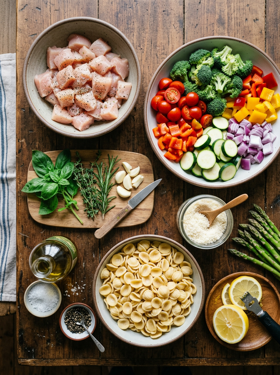 Fresh cut vegetables, raw chicken pieces, herbs, uncooked pasta, lemon slices, asparagus, olive oil, salt, pepper, and grated cheese on a wooden table