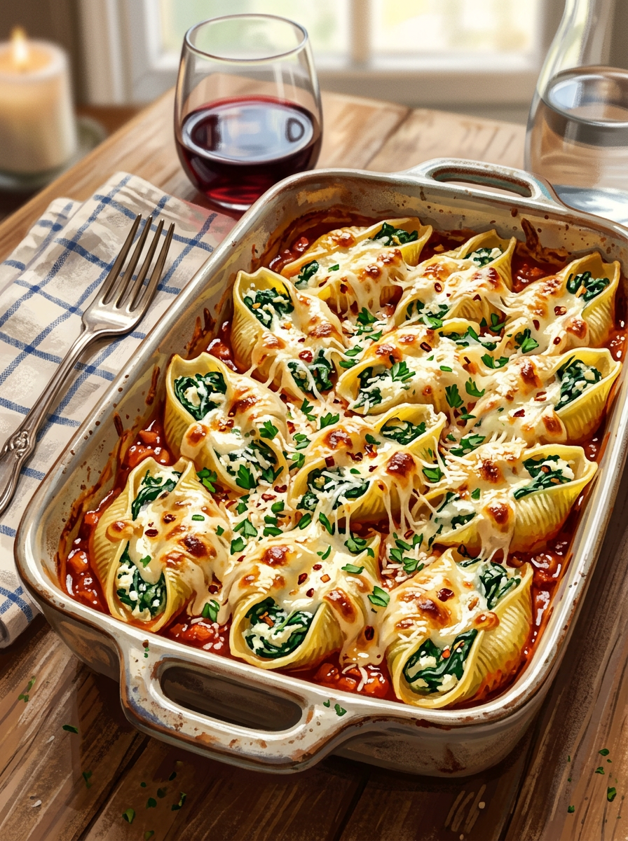 Baked pasta shells filled with spinach and cheese in tomato sauce with melted cheese on top.