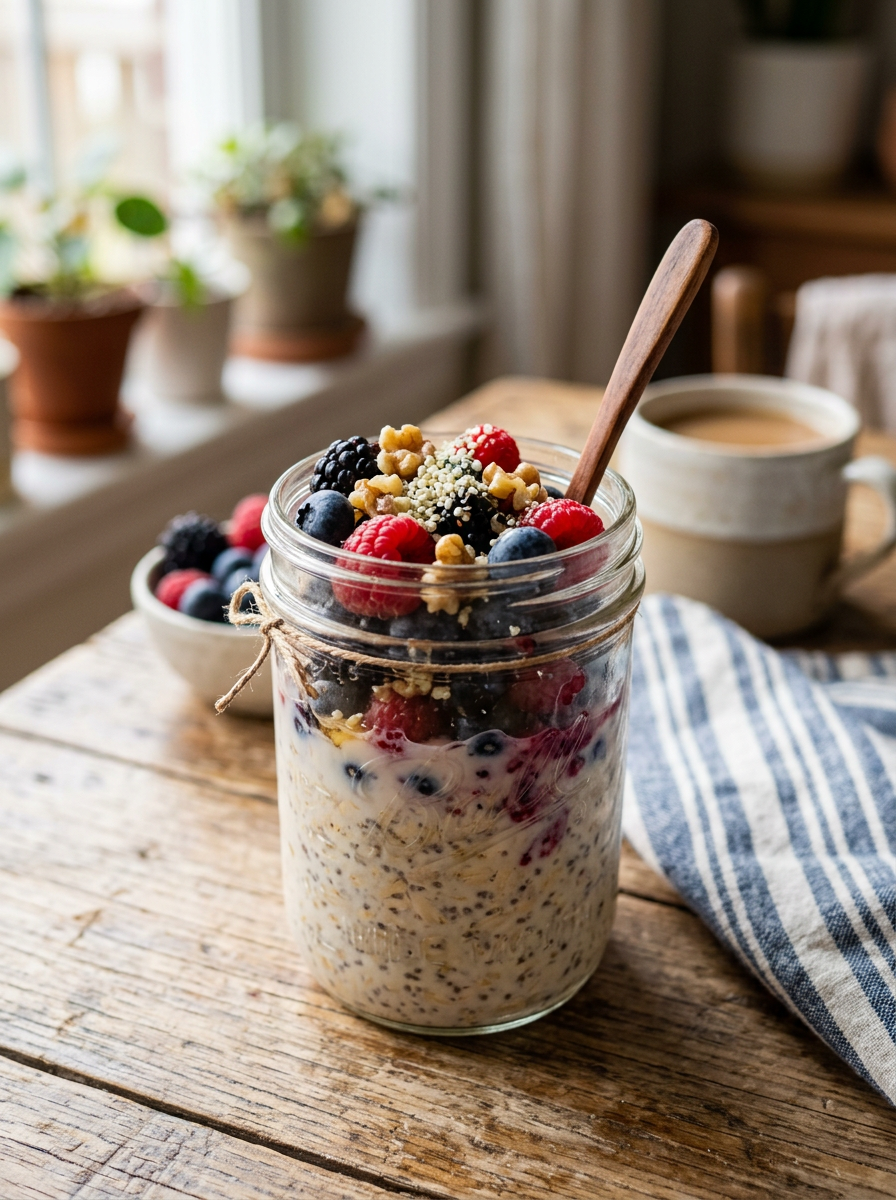 Jar of overnight oats with blueberries, raspberries, blackberries, walnuts, and seeds