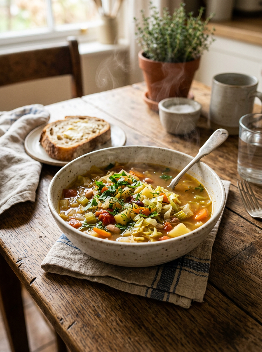Bowl of steaming vegetable soup with carrots, potatoes, and greens beside a plate of buttered bread
