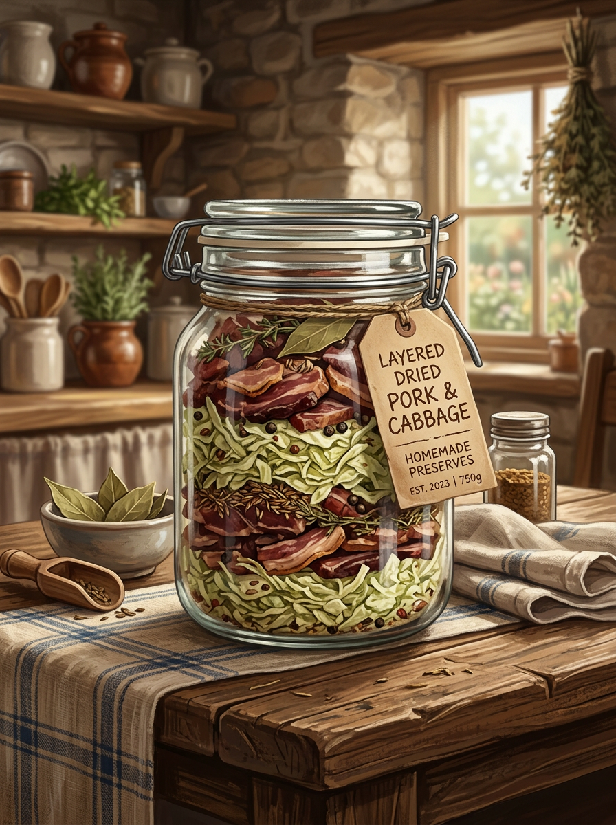 Glass jar labeled layered dried pork and cabbage with herbs and spices inside