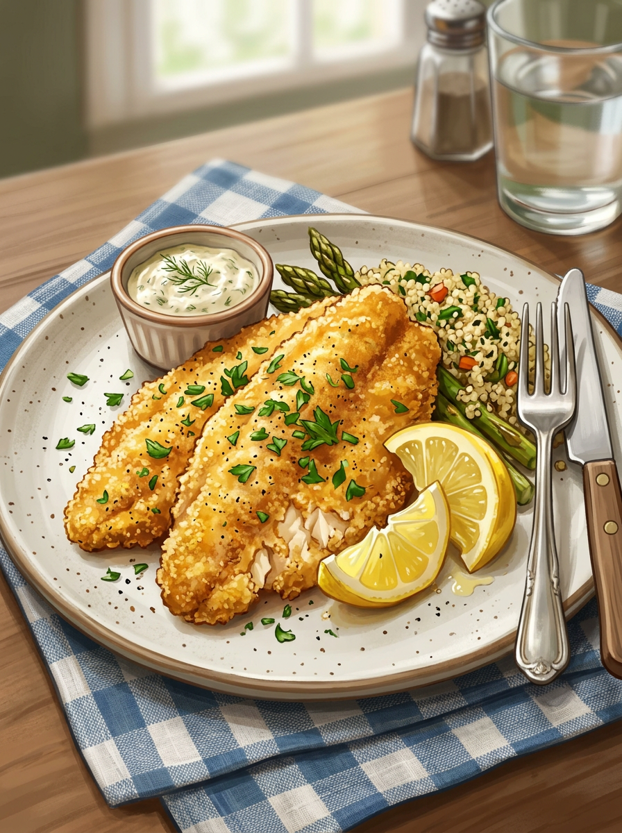 Two crispy fried fish fillets garnished with parsley, lemon wedges, asparagus, couscous salad, and a small bowl of tartar sauce on a plate