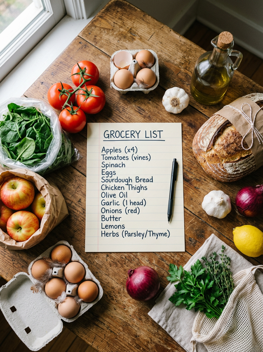 Handwritten grocery list with fresh vegetables, eggs, bread, olive oil, and herbs on wooden table
