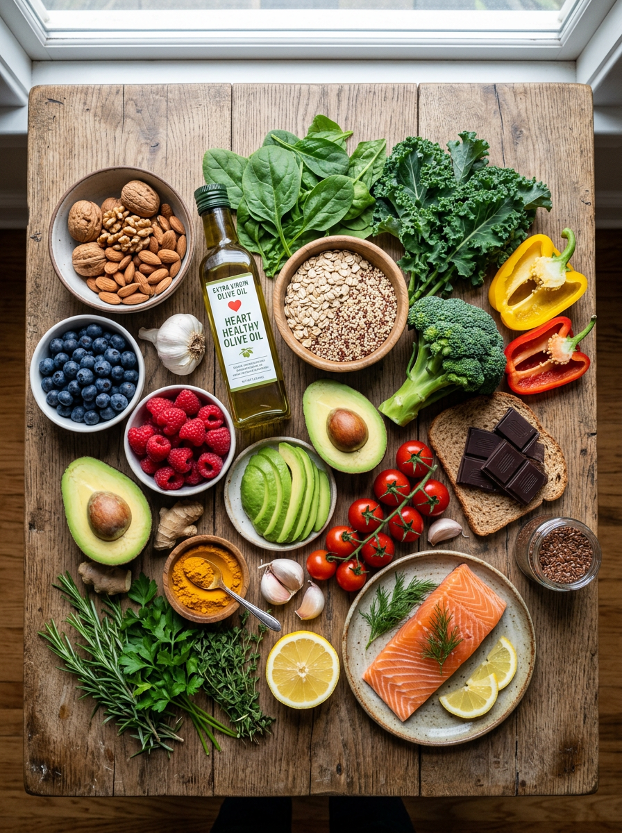 Variety of heart-healthy foods including salmon, olive oil, nuts, fruits, vegetables, herbs, and dark chocolate