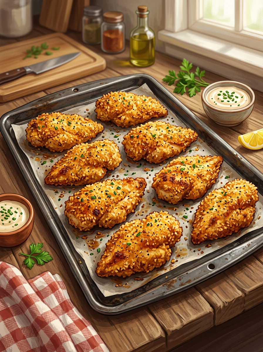 Crispy golden chicken tenders coated with sesame seeds on baking tray with dipping sauces