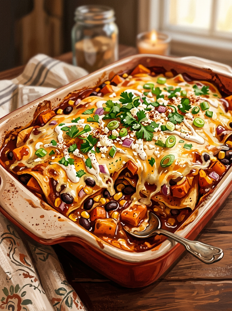 Baked enchilada casserole with black beans, corn, cheese, sour cream, and cilantro