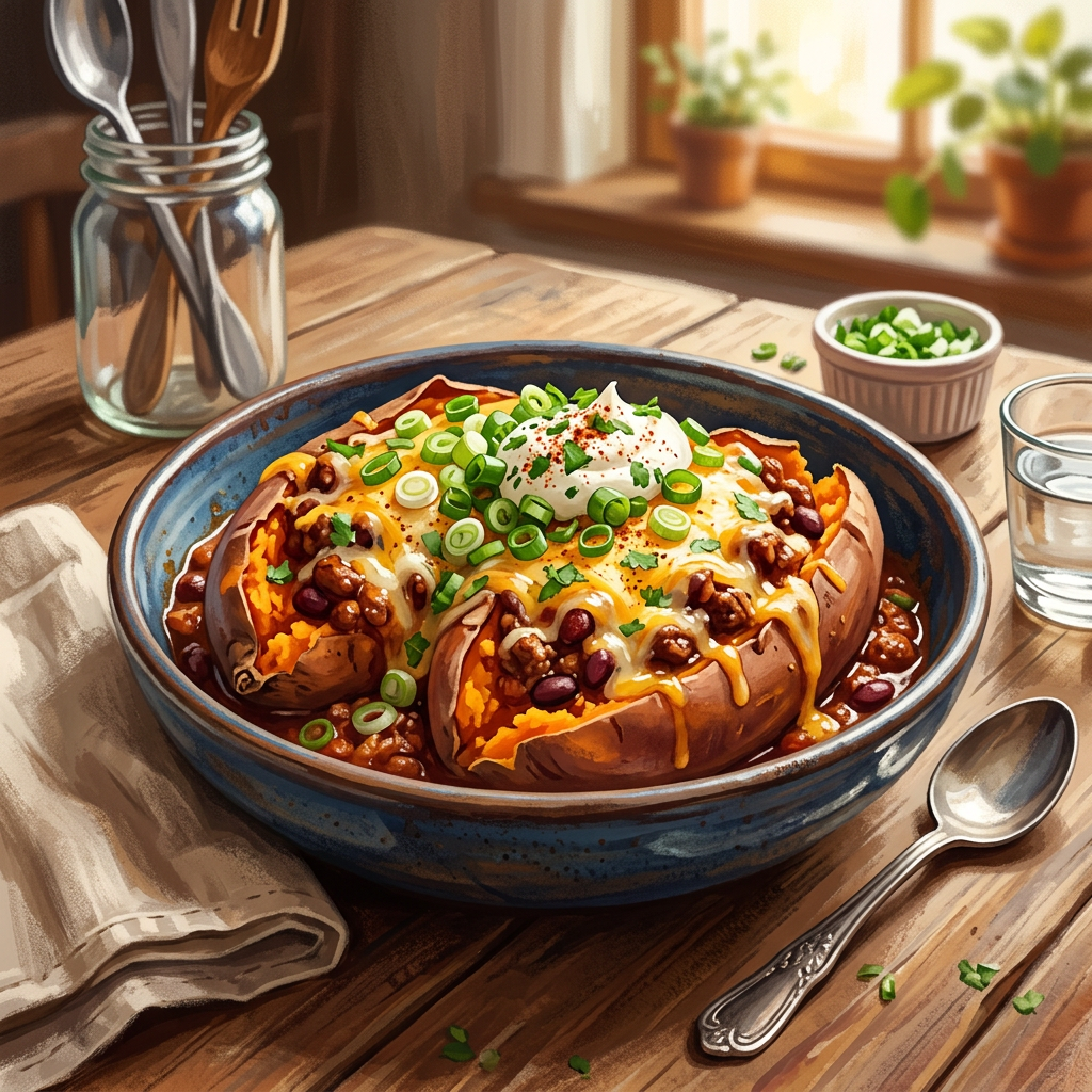 Loaded baked sweet potato with chili, melted cheese, sour cream, and green onions in a blue bowl