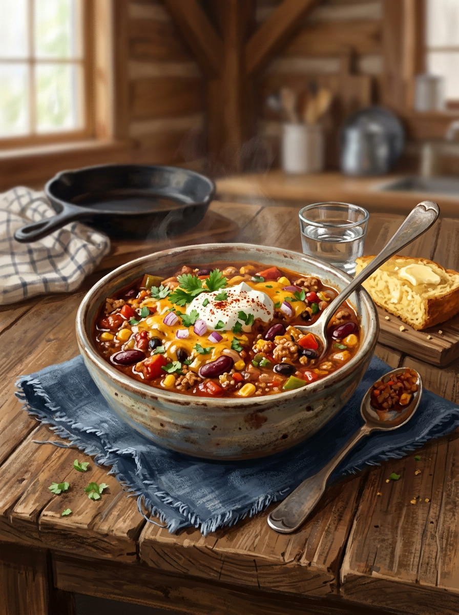 Steaming bowl of chili with beans, corn, cheese, sour cream, cilantro, and red onions, next to cornbread and a glass of water