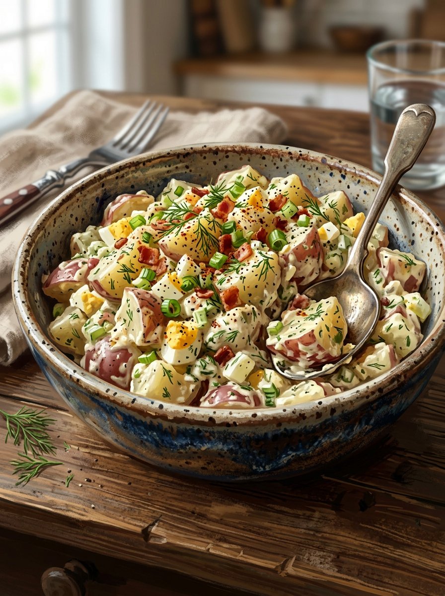 Creamy potato salad with diced potatoes, bacon, green onions, and dill in a rustic bowl