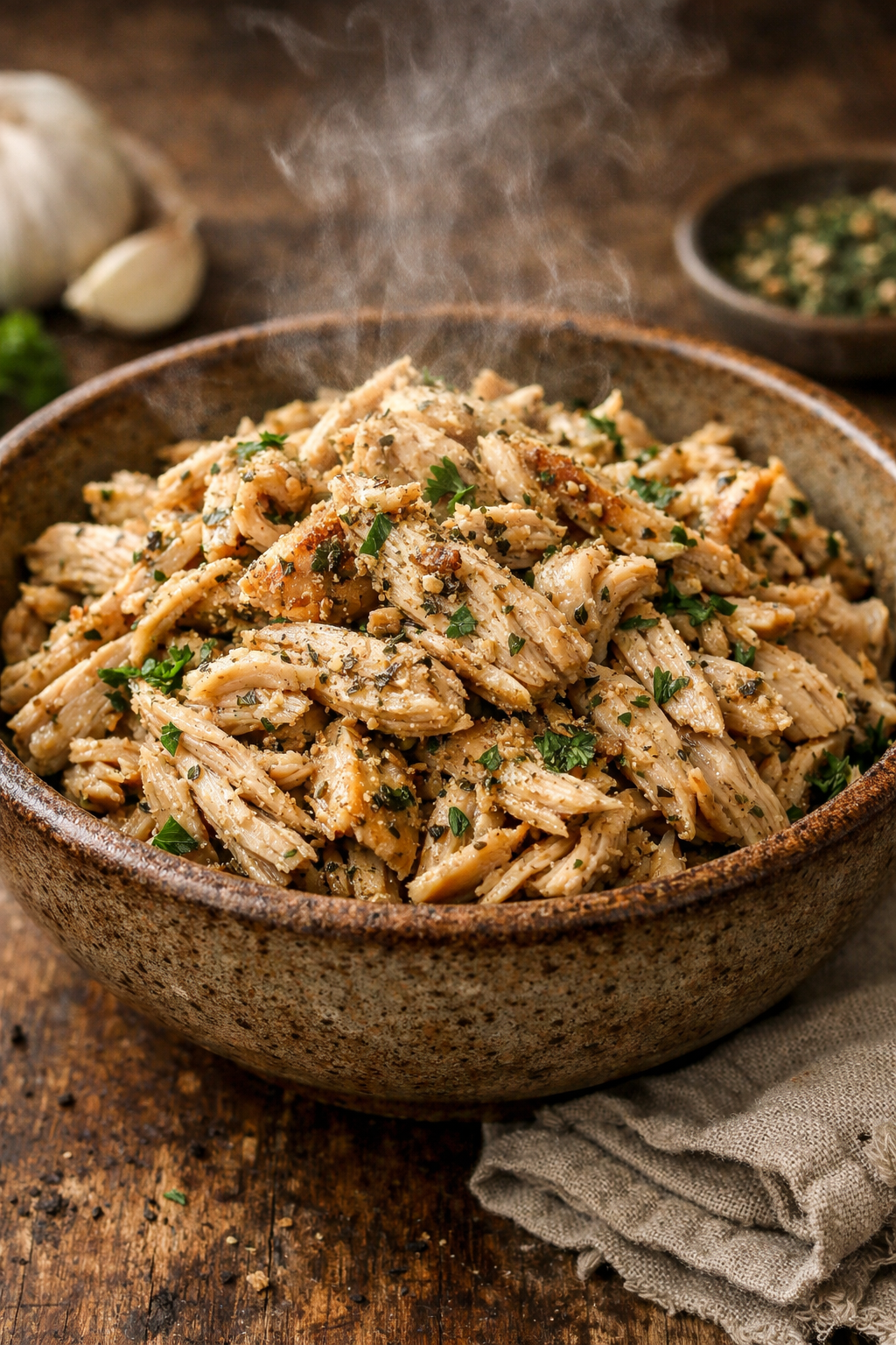 Bowl of hot shredded chicken garnished with herbs and spices