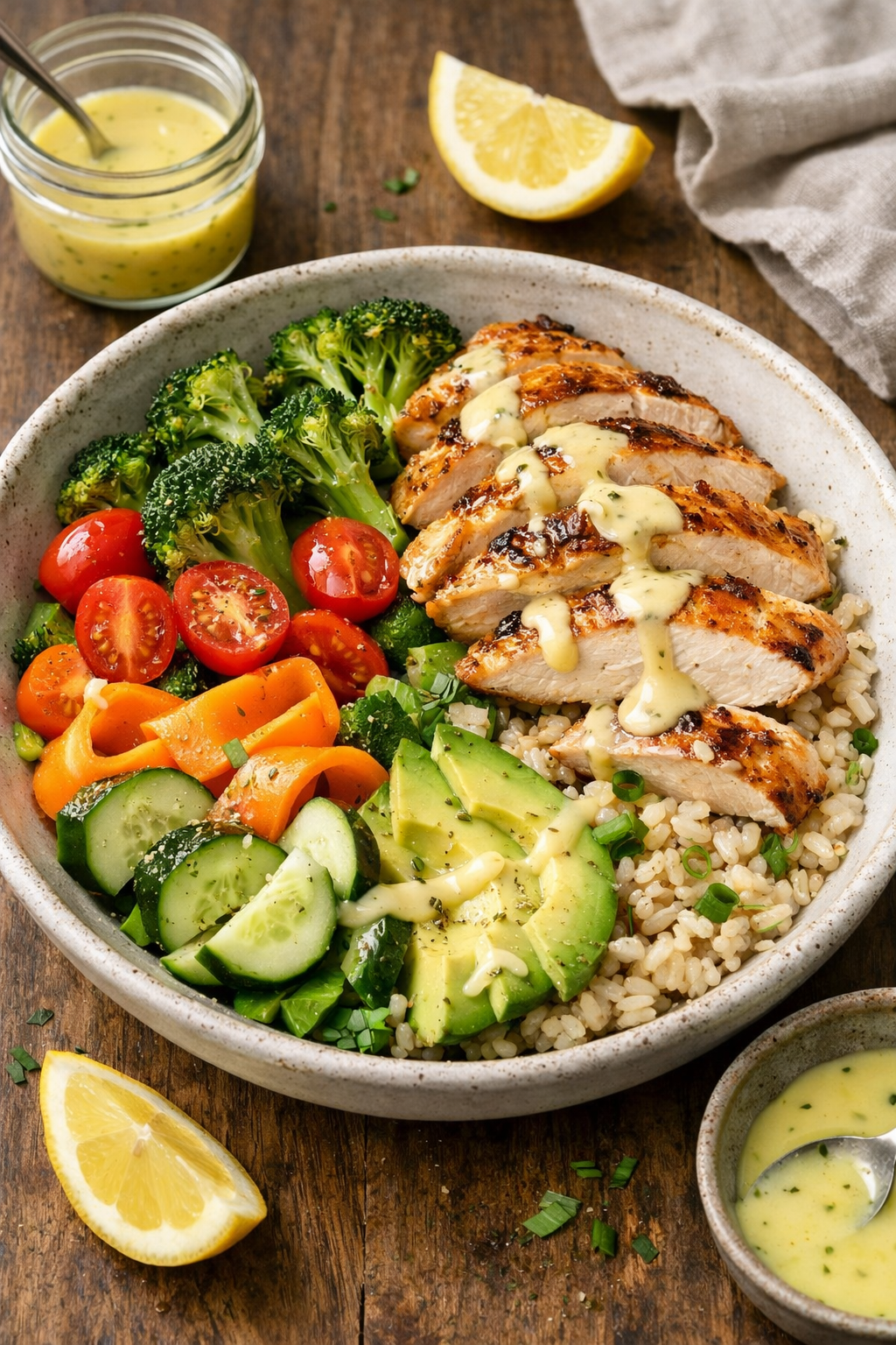 Bowl with grilled chicken slices, broccoli, cherry tomatoes, cucumber, avocado, carrot ribbons, and brown rice with sauce