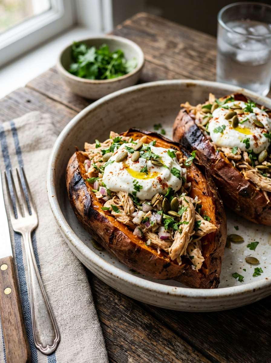 Two roasted sweet potatoes stuffed with shredded chicken, onion, herbs, yogurt, and pumpkin seeds