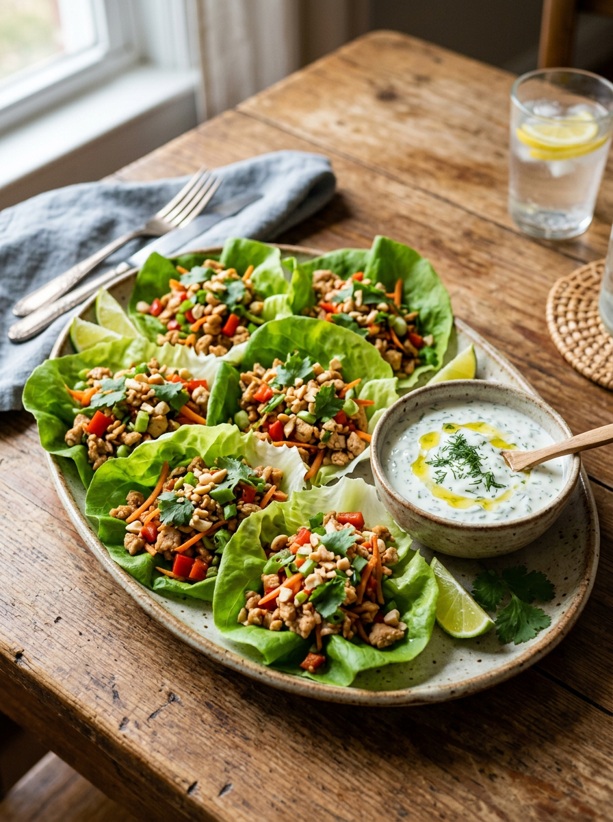 Lettuce wraps filled with ground meat, red bell peppers, carrots, cilantro, and nuts with a bowl of creamy herb yogurt dip on the side