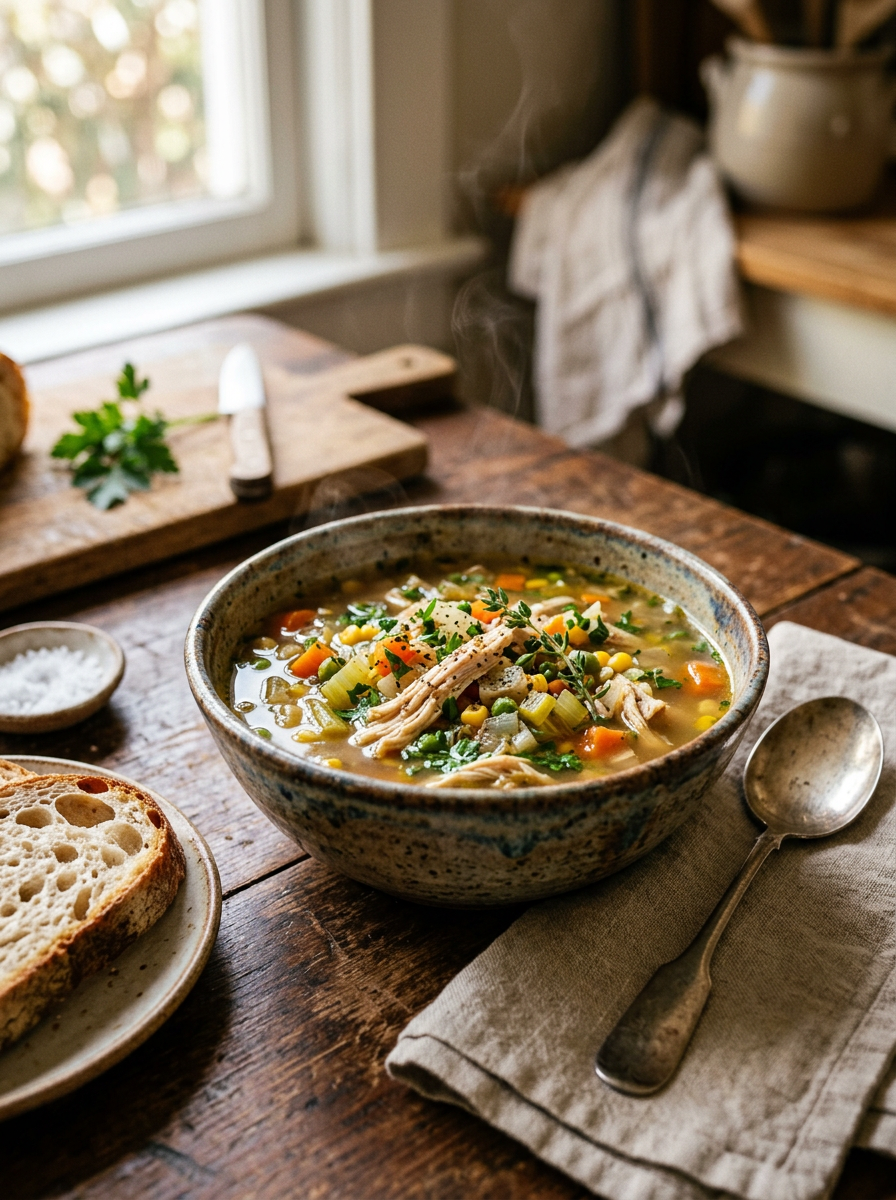 Bowl of chicken vegetable soup with carrots, corn, peas, and herbs beside a plate with sliced bread and a spoon on a rustic wooden table