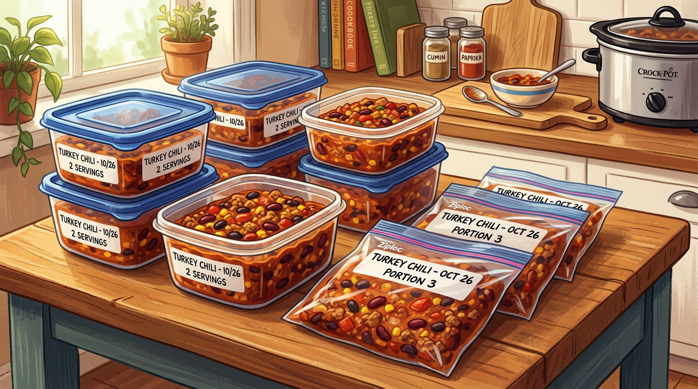 Containers and freezer bags labeled 'Turkey Chili' filled with beans, corn, and ground turkey chili.