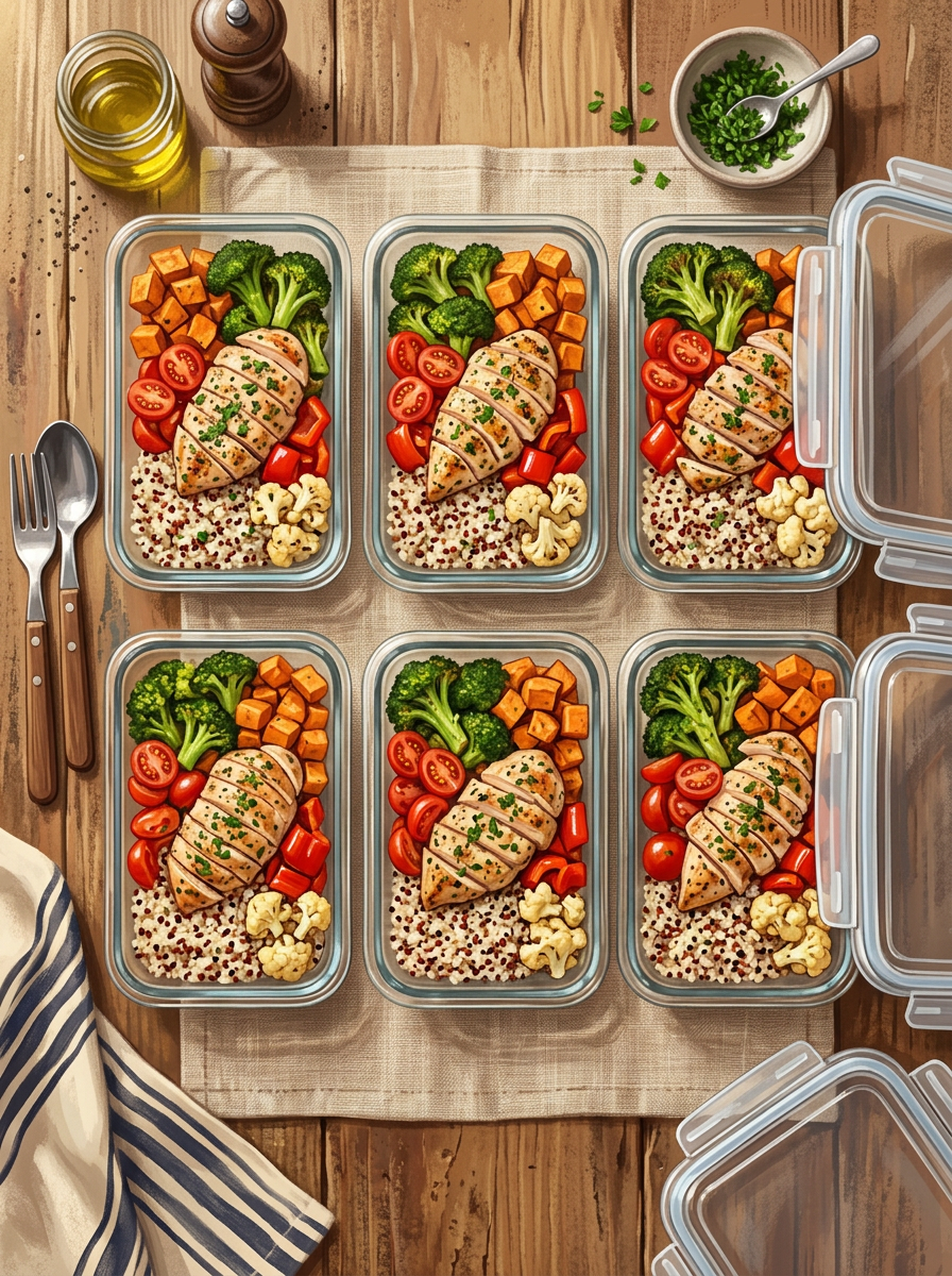 Six glass meal prep containers with sliced chicken breast, quinoa, broccoli, cherry tomatoes, sweet potatoes, and cauliflower