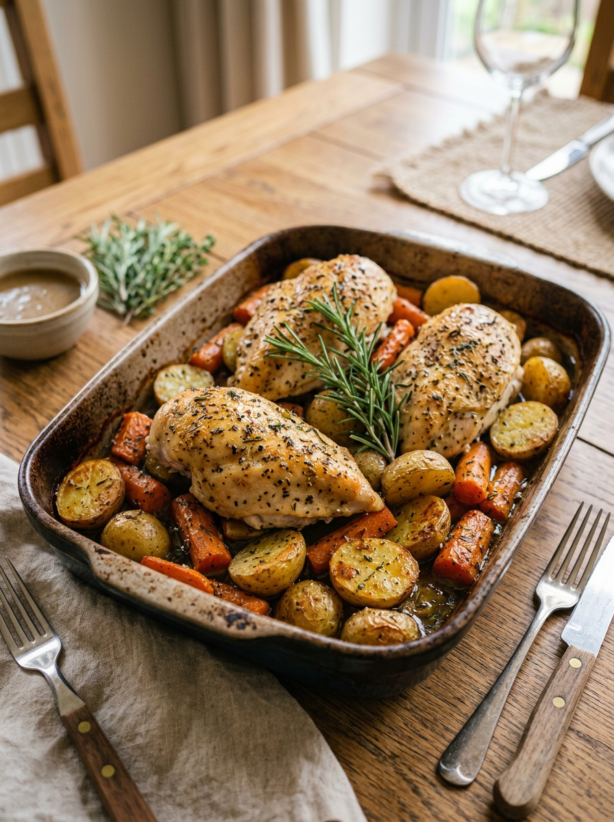 Whole roasted chicken with potatoes and carrots in baking dish topped with fresh herbs