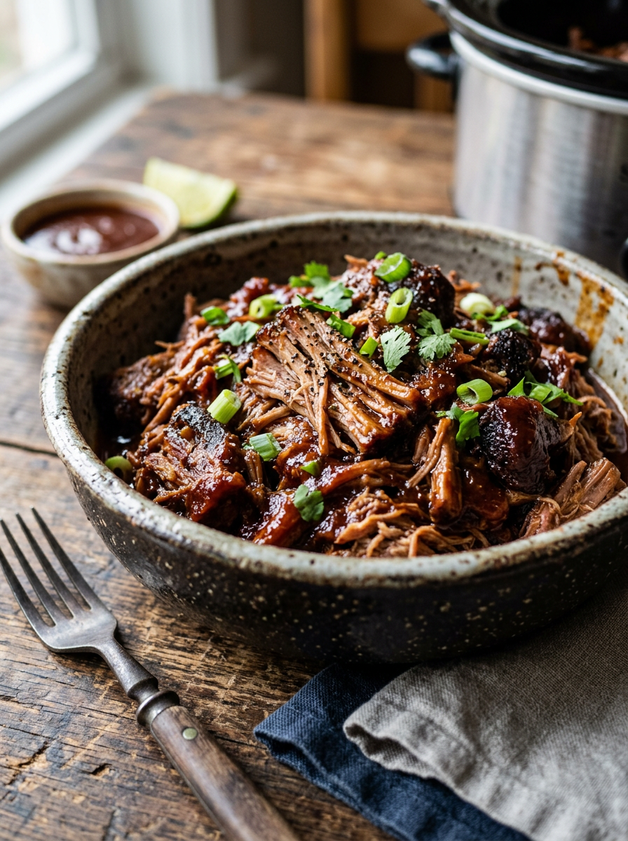 Bowl of slow-cooked pulled pork garnished with green onions and cilantro
