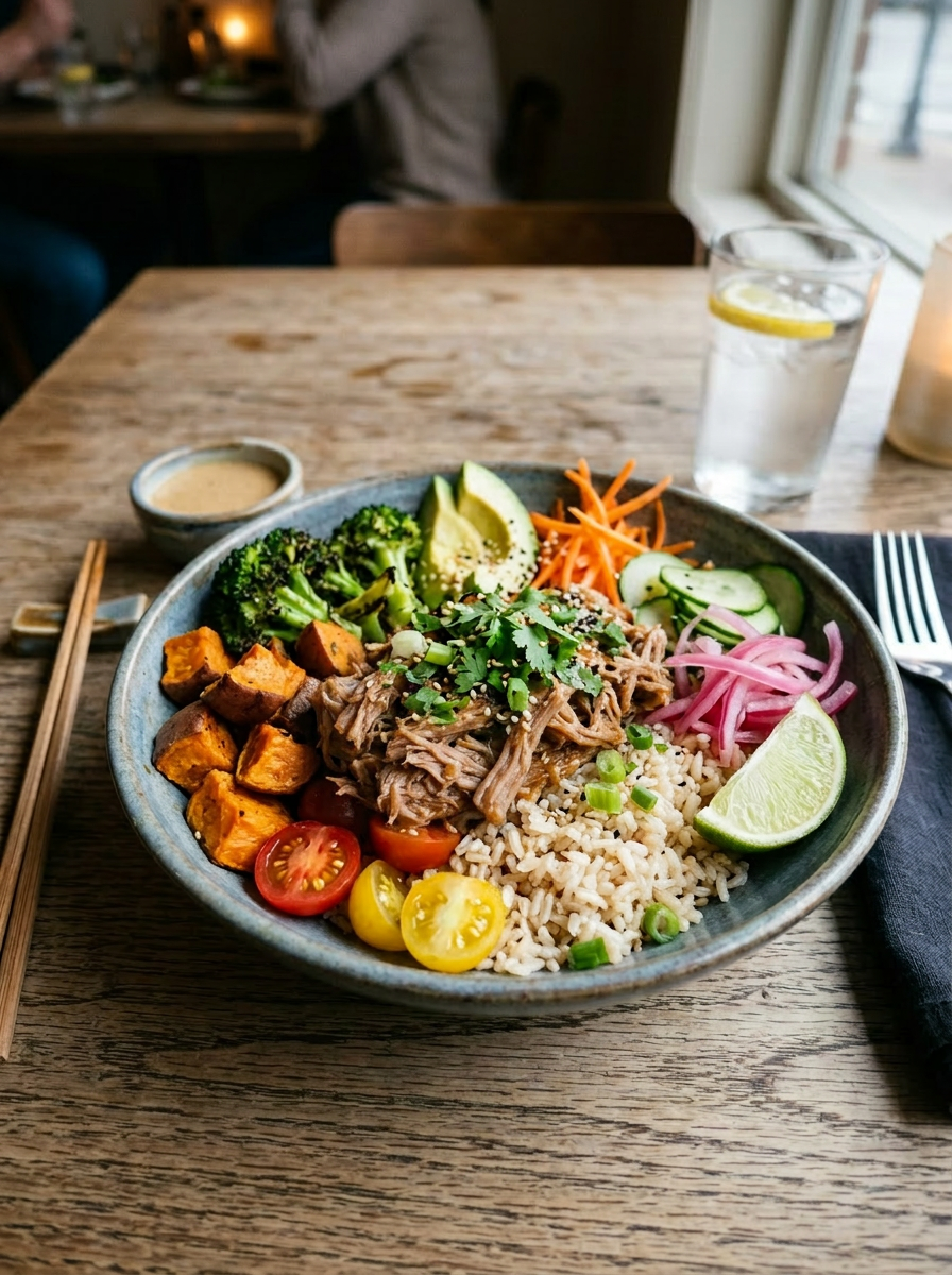 Bowl with grilled chicken breast, brown rice, roasted sweet potatoes, broccoli, cherry tomatoes, avocado slices, cucumber, shredded carrots, pickled red onions, lime wedge, and cilantro garnish