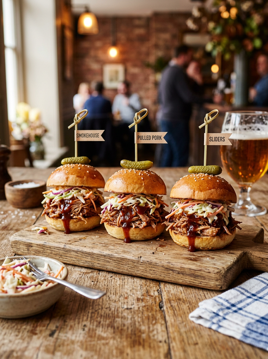Three smoked pulled pork sliders with coleslaw and pickles on a wooden board