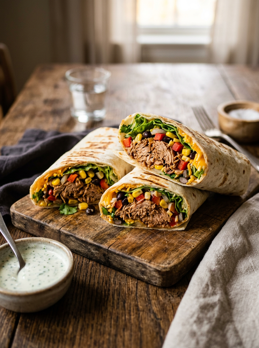 Three shredded beef burritos with lettuce, corn, black beans, and red bell peppers on wooden board