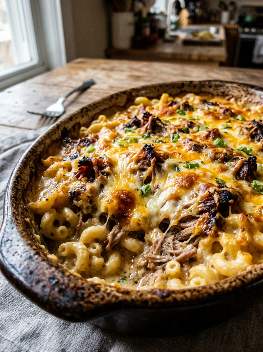 Baked macaroni pasta with pulled pork and melted cheese in a rustic brown casserole dish.
