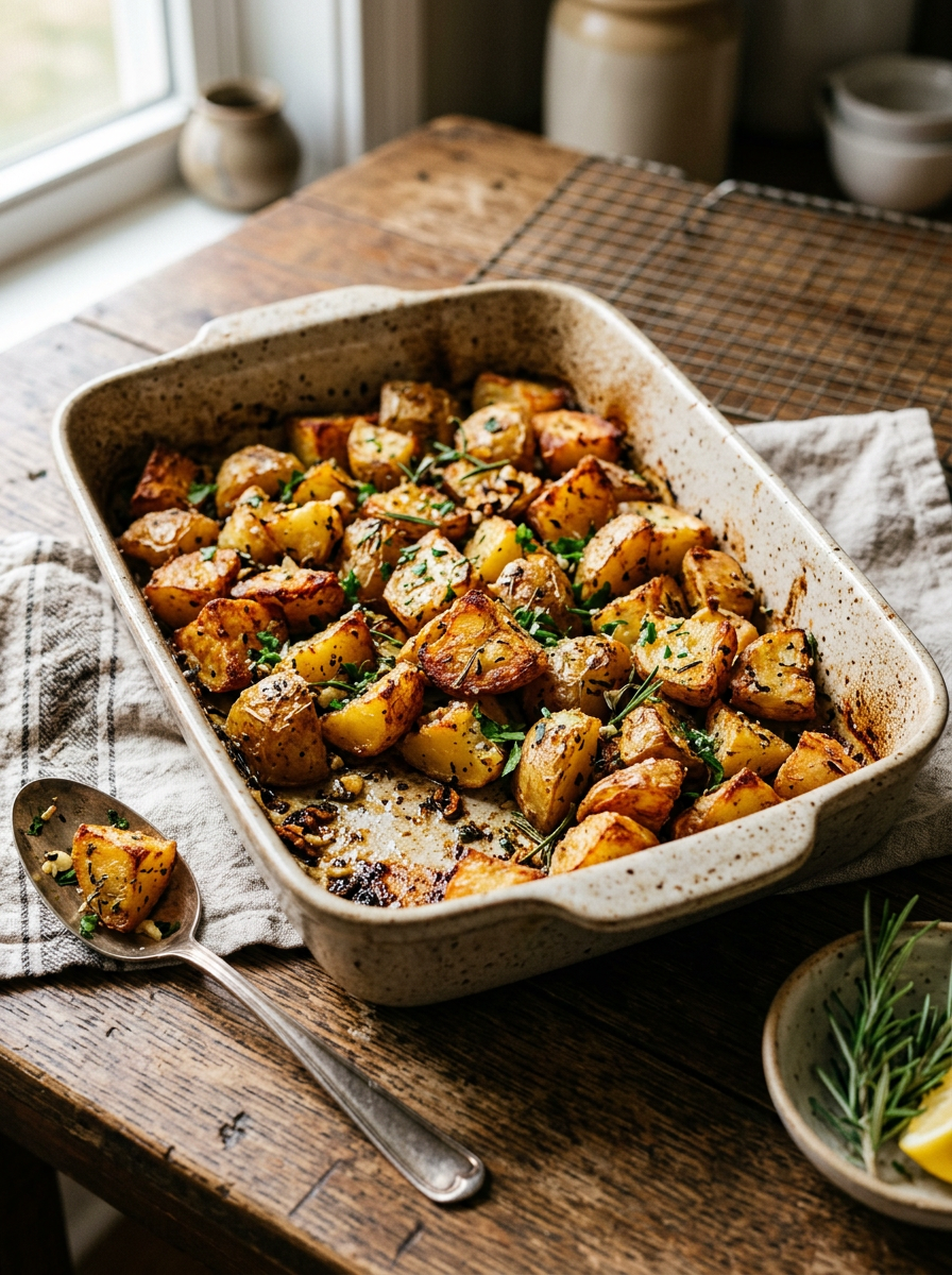 Roasted potato pieces garnished with herbs in a ceramic baking pan