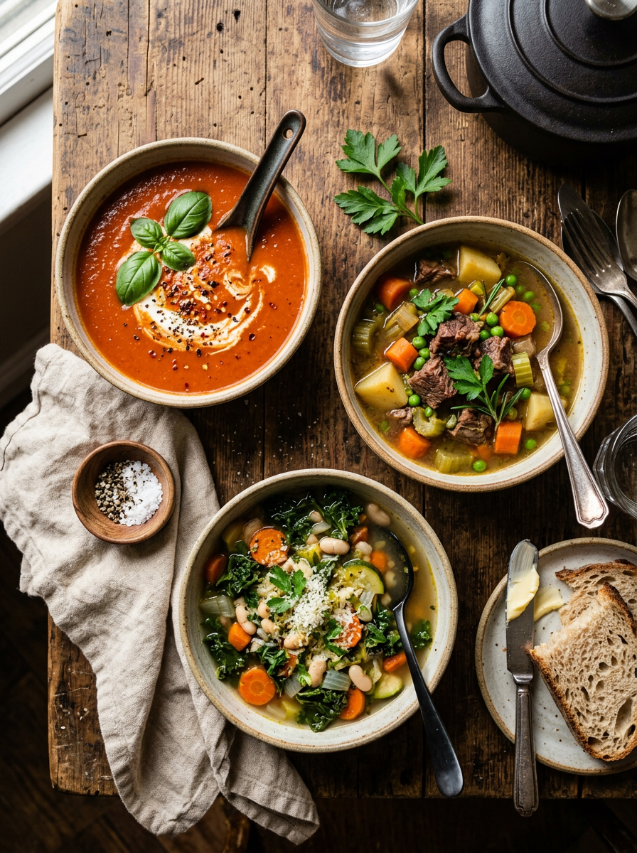 Three bowls of different soups including tomato, beef vegetable, and white bean with kale, accompanied by bread and seasonings.