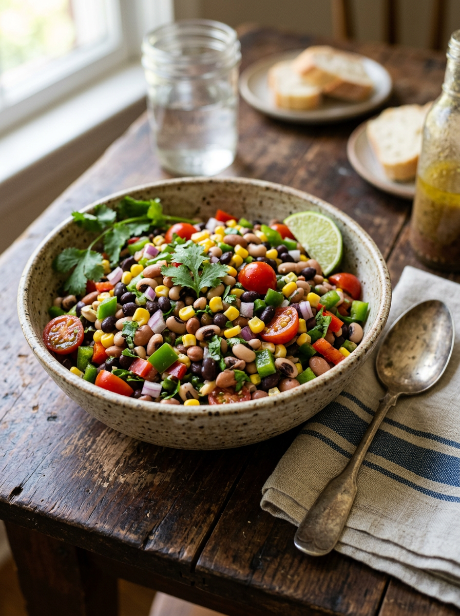 Bowl of mixed bean salad with corn, cherry tomatoes, bell peppers, and cilantro