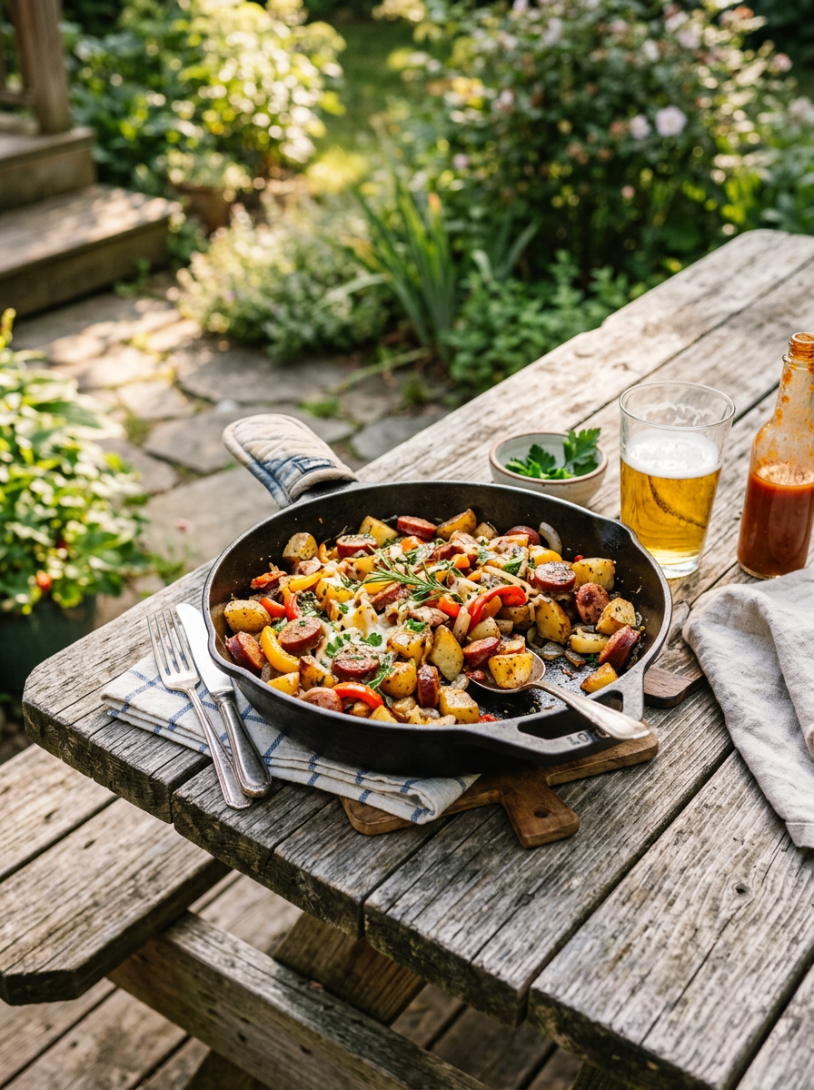 This Easy Sausage & Potato Skillet Dinner is packed with smoky sausage, tender potatoes, peppers, and onions for a hearty one-pan meal that’s perfect for campground cooking, RV kitchens, and busy summer nights.