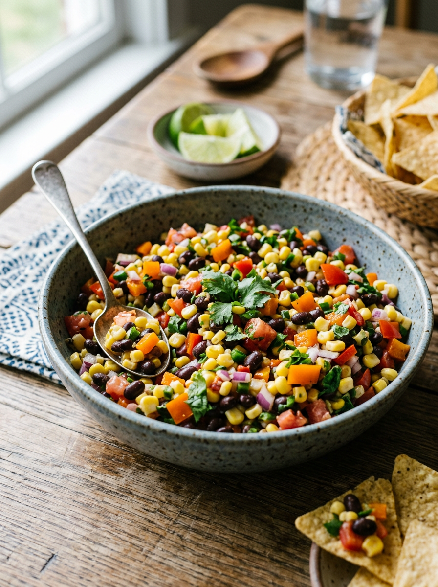 Bowl of corn, black bean, tomato, and onion salsa with cilantro garnish