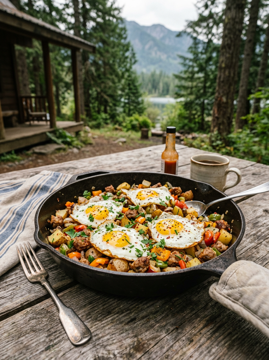 Skillet with fried eggs, sausage, potatoes, and bell peppers on rustic wooden table outdoors
