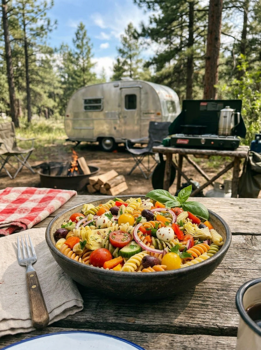 Bowl of pasta salad with cherry tomatoes, olives, mozzarella, and vegetables on a wooden picnic table at a campsite.
