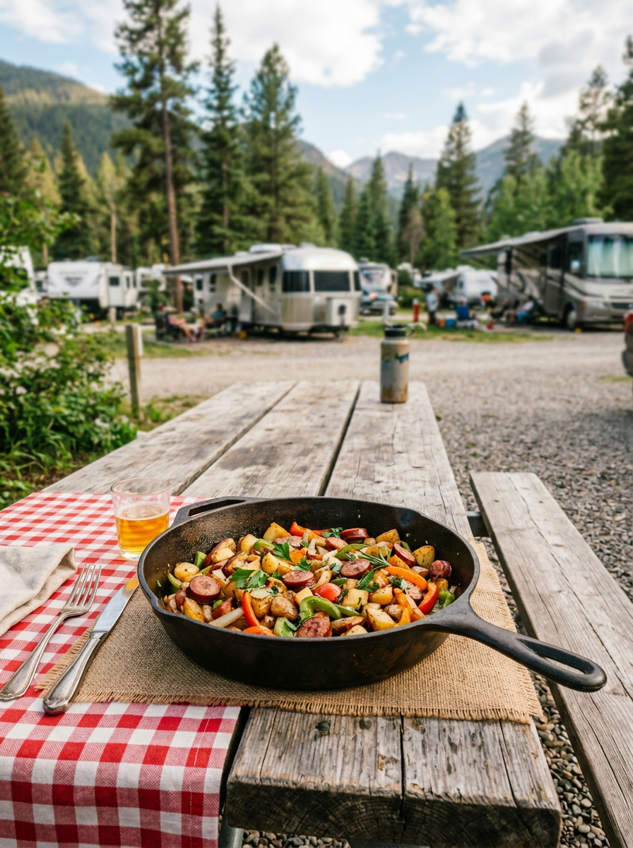 Cast iron skillet with cooked potatoes, peppers, and sausage on a picnic table at a campground with RVs and pine trees