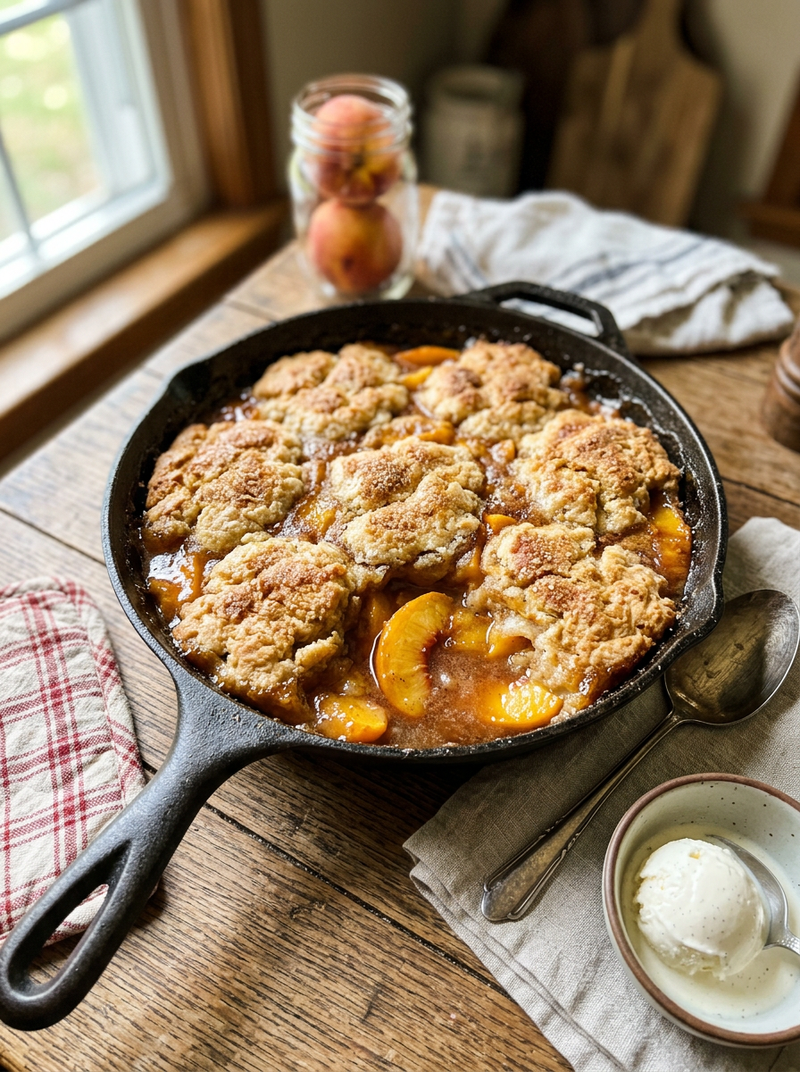 Cast iron skillet with peach cobbler and vanilla ice cream on side