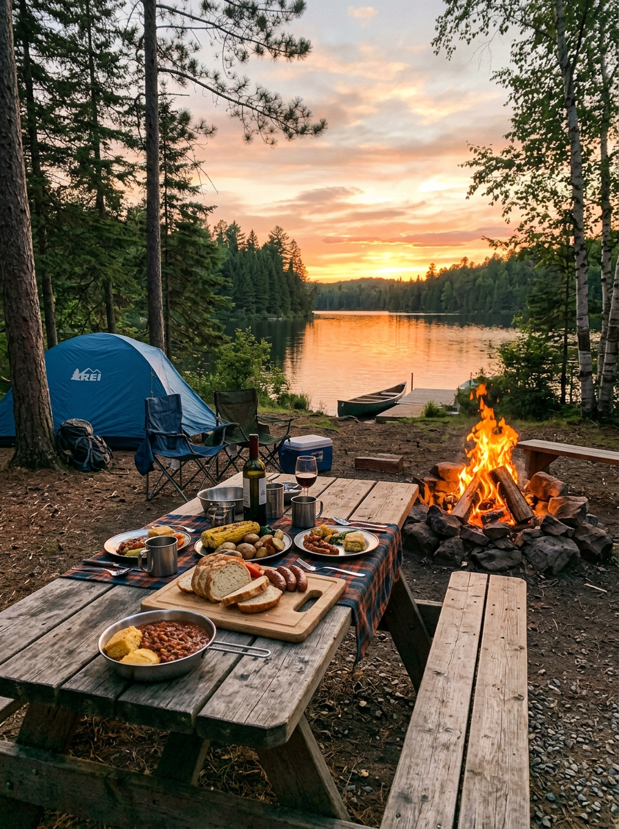 Campsite by a lake at sunset with picnic table, food, campfire, tent, and canoe