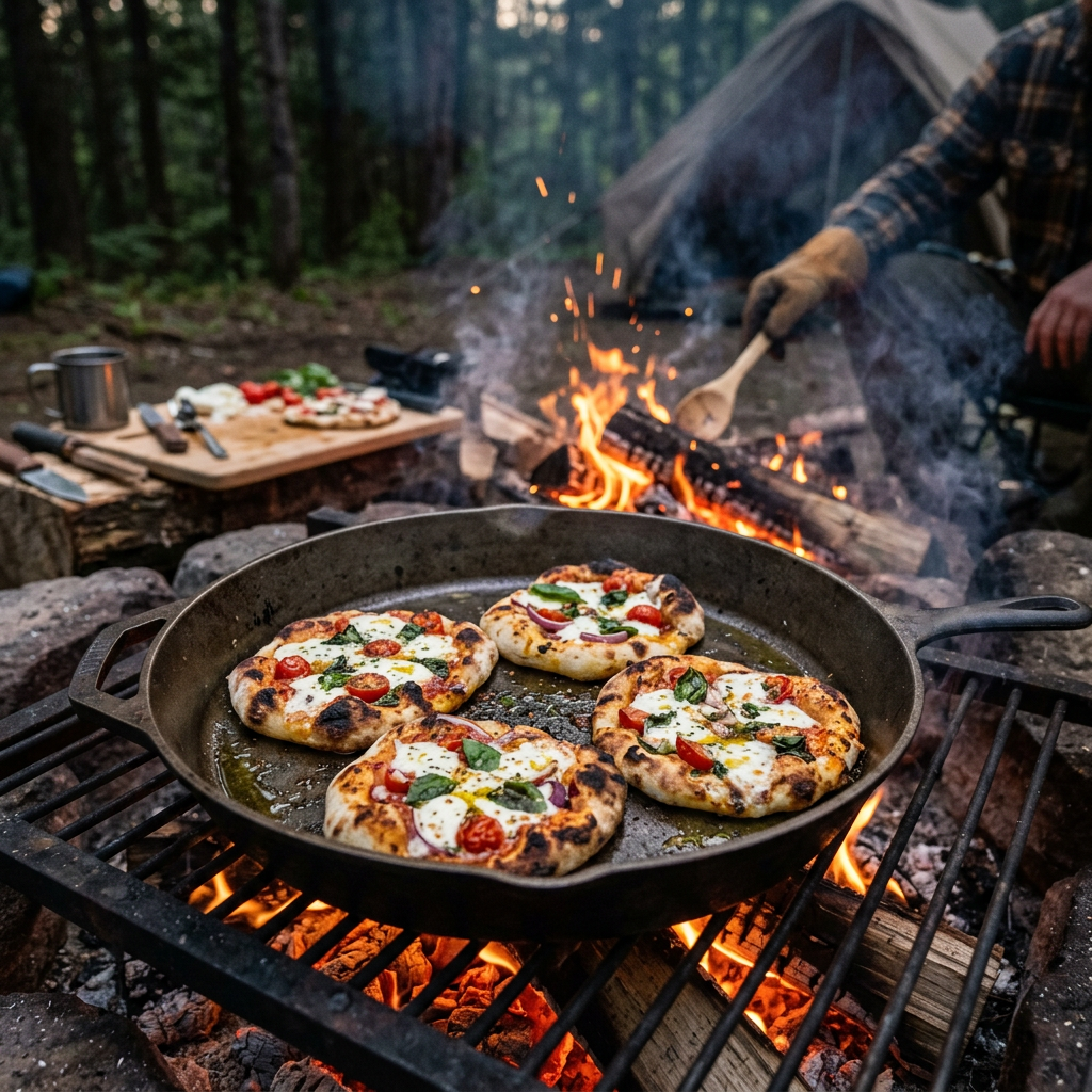 Four mini pizzas with cheese, tomatoes, and basil cooking in a cast iron pan over a campfire grill