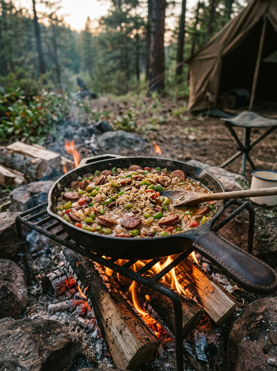 Cast iron skillet with rice, sausage, and vegetables cooking on campfire grill