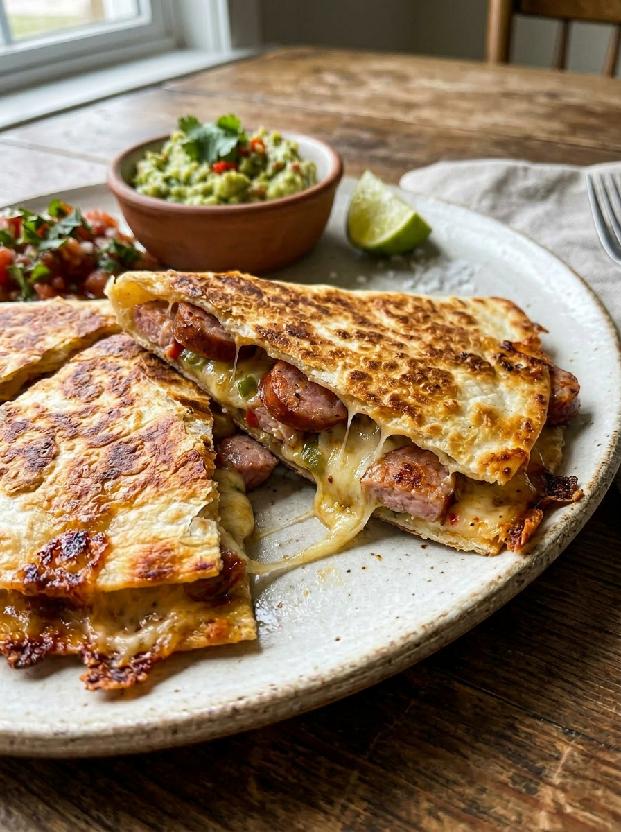 Beef and cheese quesadilla with salsa, guacamole, and lime on a plate