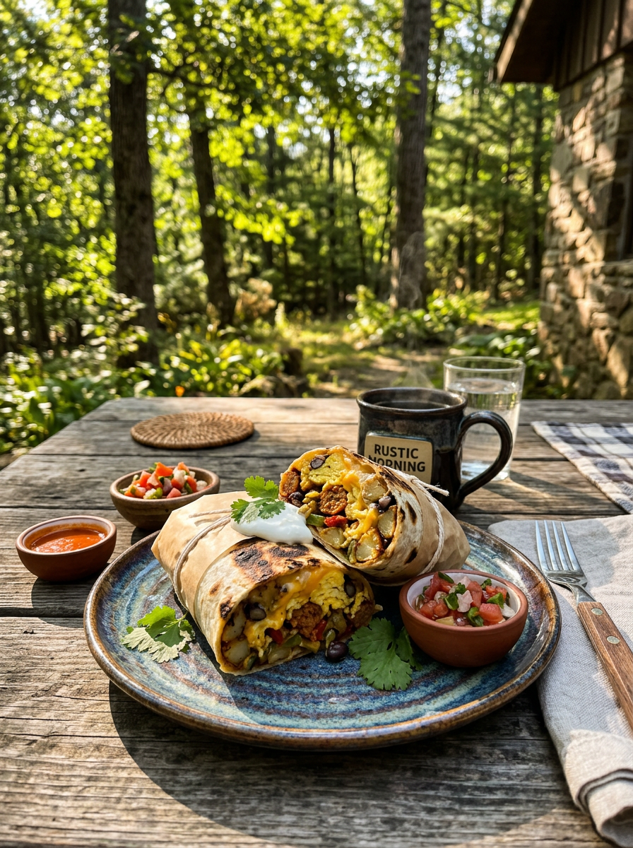 Breakfast burrito halves with eggs, beans, and cheese on a plate with salsa and coffee