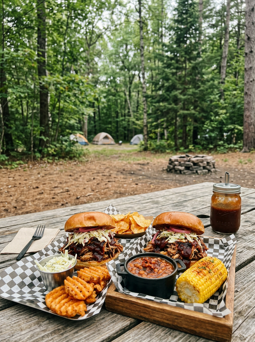 Two BBQ pulled pork sandwiches with coleslaw, waffle fries, baked beans, corn on the cob, and chips on a picnic table